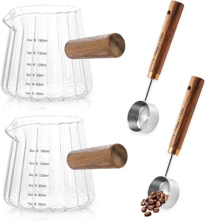 2Pcs Espresso Shot Glass, FHDUSRYO 6oz Espresso Cups with 2Pcs Coffee Measuring Spoon, Expresso Shot Cup with V-Shape Mouth, Milk Frothing Pitcher, Glass Measuring Cup Expresso Accessories (Clear)