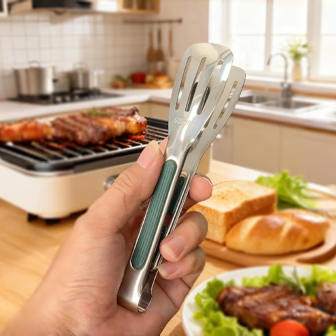 Stainless Steel Kitchen Tong Set - Anti-Slip Heat-Resistant Grip, Widened 3-Line Slotted Heads for Easy Clamping (Steaks, BBQ, Pasta, Salads), Easy Clean for Versatile Use Set of 3-6", Green
