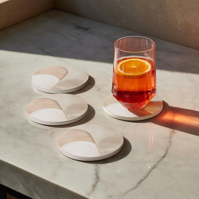 VEYRO Ceramic Coasters Set of 6 – Absorbent Stone Drink Coasters with Holder, Non-Slip Cork Backing, Modern Marble Look Coasters for Coffee Table, Desk & Home Decor