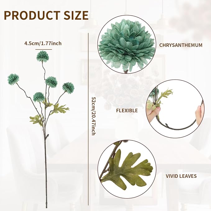 DuHouse 6pcs Artificial Flowers Faux Silk Pompon Mum,Silk Small Mini Chrysanthemum Ball with Stems for DIY Bouquets Centerpieces Vase Home Table Kitchen Decorations(Sage Green)