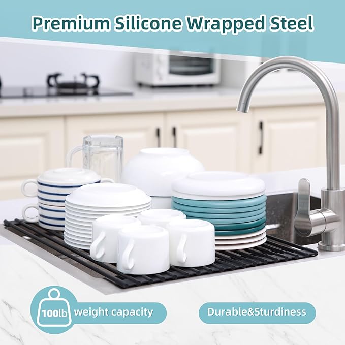 Ohuhu Roll Up Dish Racks, 16.5" L x 13" W Over The Sink Dish Drainer Drying Rack Kitchen Sink Organizer Silicone Wrapped Large in Sink Dish Drying Rack Foldable Rolling Drain Mats Anti-Slip