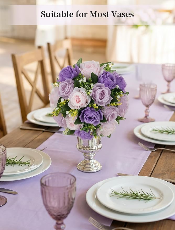 BLOSMON Wedding Rose Centerpieces Tables: Purple Lilac Pink Fake Roses | 10 Pcs Faux Flowers Balls Arrangement for Table Decor - Artificial Silk Floral Bouquet with Base Party Reception Decorations