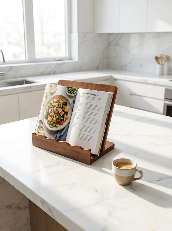 Acacia Wood Cookbook Stand for Kitchen Counter, Detachable Serving Tray | 2-in-1 Recipe Stand & Serving Tray, Holds 11.8" Cookbooks & 3" Thick Books/Tablets, Acacia Wood, Detachable for Easy Storage