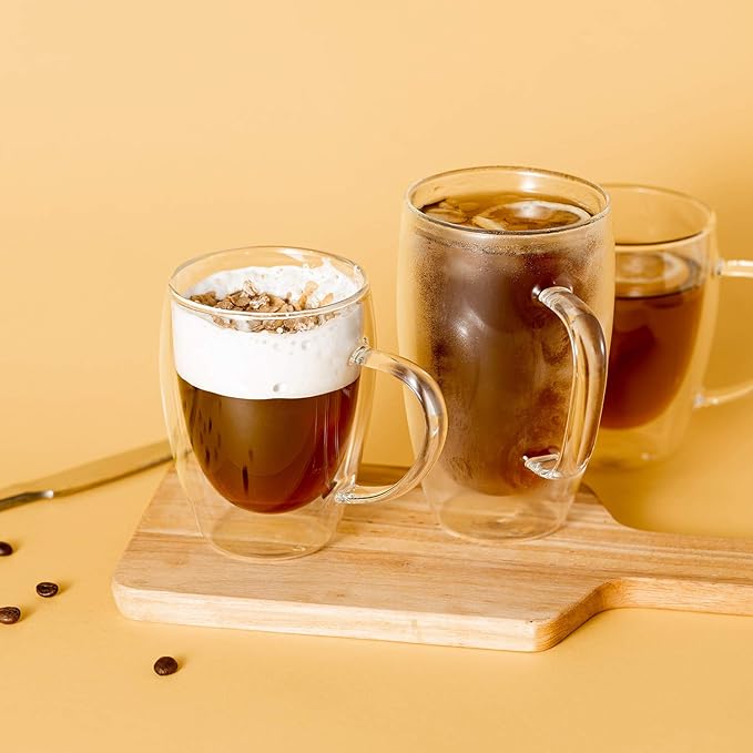 MEWAY 16oz/2 pack Coffee Mugs,Thickened Clear Glass Double Wall Cup with handle for Coffee, Tea, Latte, Cappuccino (16 oz,2)