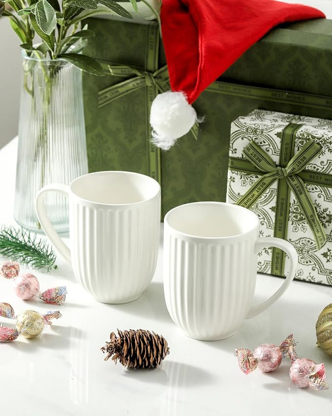 HASENSE Ceramic Coffee Mugs Set of 6, 16 Oz Large Ribbed Coffee Cups with Big Handle, Unique Modern Style White Latte Mugs for Tea,Cocoa,Milk,Cappuccino, Microwave & Dishwasher Safe