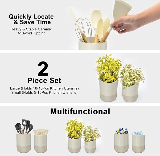 Ceramic Utensil Holder for Kitchen Counter, Black Kitchen Utensil Holder for Countertop, 2 Pcs Cooking Utensil Crocks for Spatula, Spoon, Forks, Plant (white-brown)