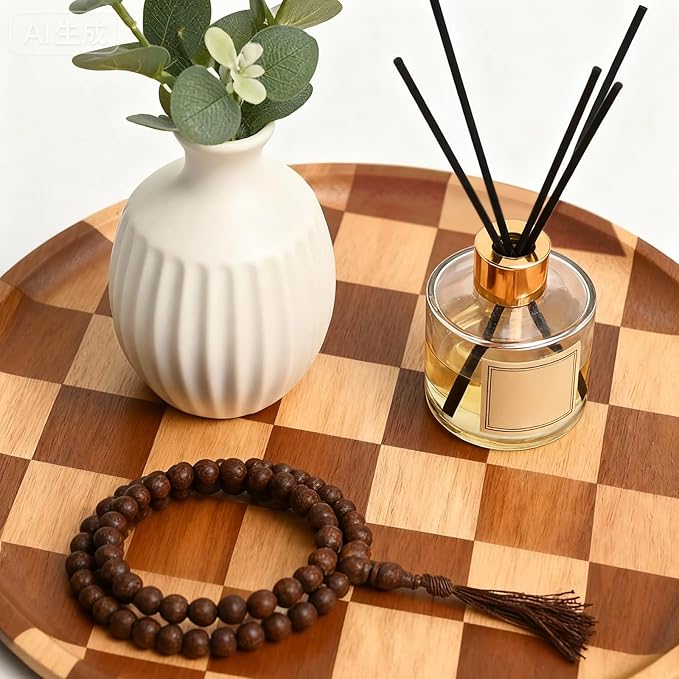 MSJGA 11 Inches Round Wooden Serving Trays Decorative Candle Plate Holder with Unique Checkered Design for Home Decor, Coffee Table, Dining Table, Kitchen Island