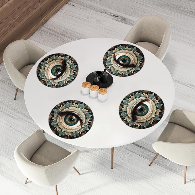 Round Placemats Set of 4, Ethnic Flowers Eye of Evil Woven Placemats Mats Non-Slip Heat Resistant Washable Table Mats Round Braided Place for Farmhouse Kitchen Dining Party Decor 15in