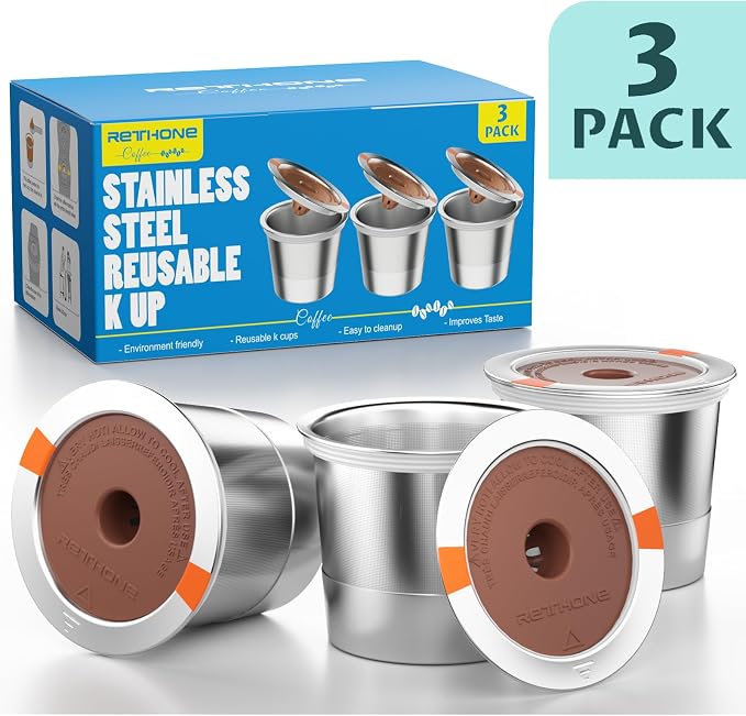 RETHONE K Cup Reusable Coffee Pods, Stainless Steel Reusable K Cups Compatible with Keurig 1.0 & 2.0 Coffee Machines Brewers Refillable K Cups (3 Pack)