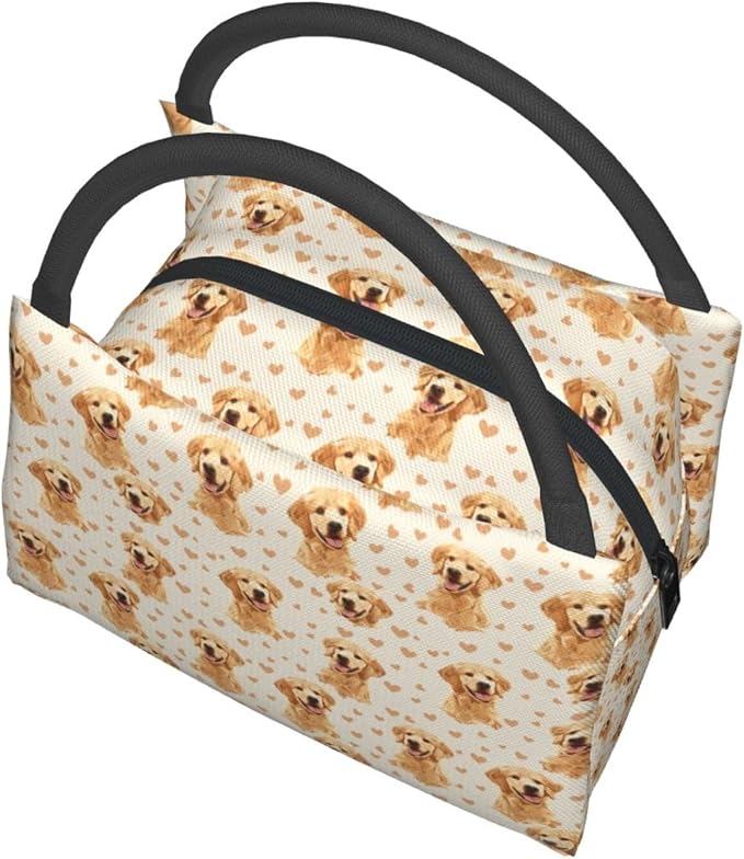 Cute Golden Retriever Dog with Heart Lunch Box for Women Girls Adults Insulated Playful Puppy Lunch Bag for Work Picnic Camping Travel Gifts Large Capacity Cooler Thermal Reusable Tote Makeup Bags