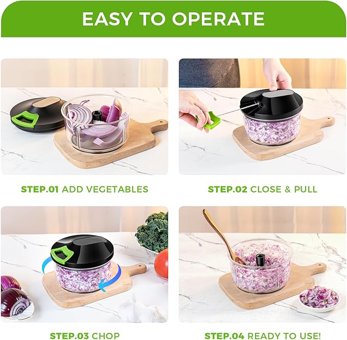 LHS Manual Food Chopper Vegetable Cutter, Hand String Vegetable Chopper Onions Cutter for Vegetable Fruits Nuts, (800ml,BLACK)