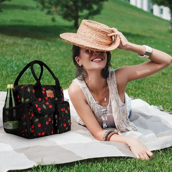 BALORAY Lunch Bag for Women Men Insulated Lunch Box for Adult Reusable Lunch Tote Bag for Work, Picnic or Travel (Cherry with strap,L)