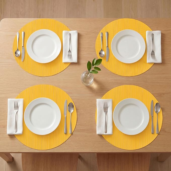 AHHFSMEI Round Placemats Set of 6 Woven Vinyl Non-Slip Heat Resistant Stain Resistant Easy Clean Place mats for Dining Tables(Yellow)