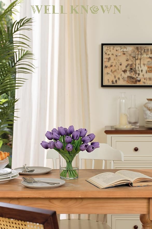 WELL KNOWN 20 Pcs Tulips Artificial Flowers in Vase, Real Touch Fake Purple Tulips Flowers with Glass Vase & Fake Water, Flower Arrangement Centerpiece for Wedding Party Dining Table Home Decor & Gift
