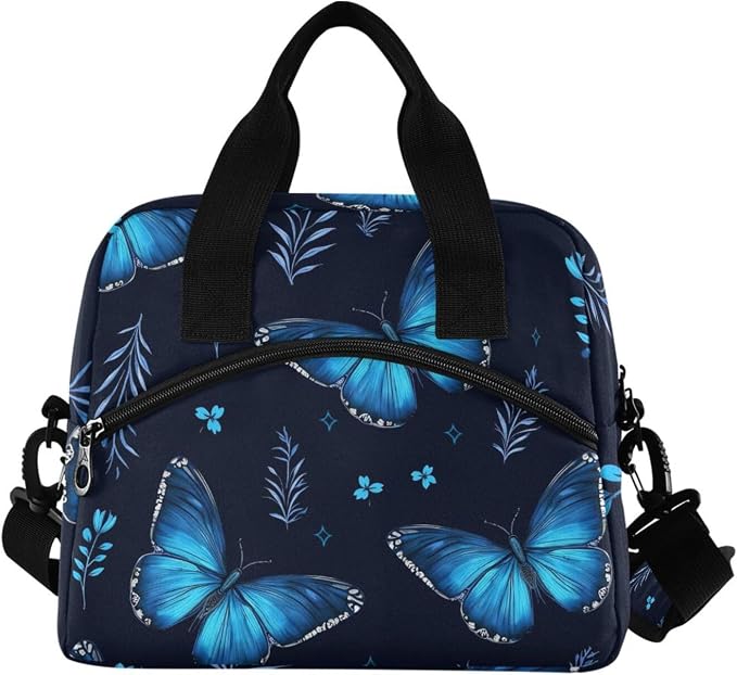 Flying Butterflies Blue Insulated Lunch Bag Reusable Lunch Tote Bag Lunch Box for Women Men Adult Cooler Bag with Adjustable Shoulder Strap Leakproof for Work School Picnic