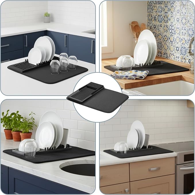 Dish Drying Rack with 2 Mats, Small Dish Rack & Dish Drainer for Kitchen Counter, Plastic Dish Drying Rack for Dishes, Cups & Bowls, Compact Countertop Dish Racks for Kitchen