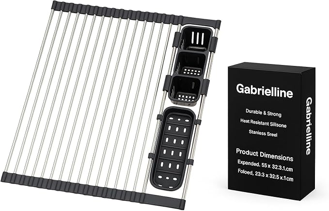 Gabrielline Extra Large Roll Up Dish Drying Rack for Kitchen Sink - 21.6” x 12.7” Stainless Steel Over The Sink Mat with Utensil Caddy & Drip Tray - Heavy Duty Space Saving 5-PC Set