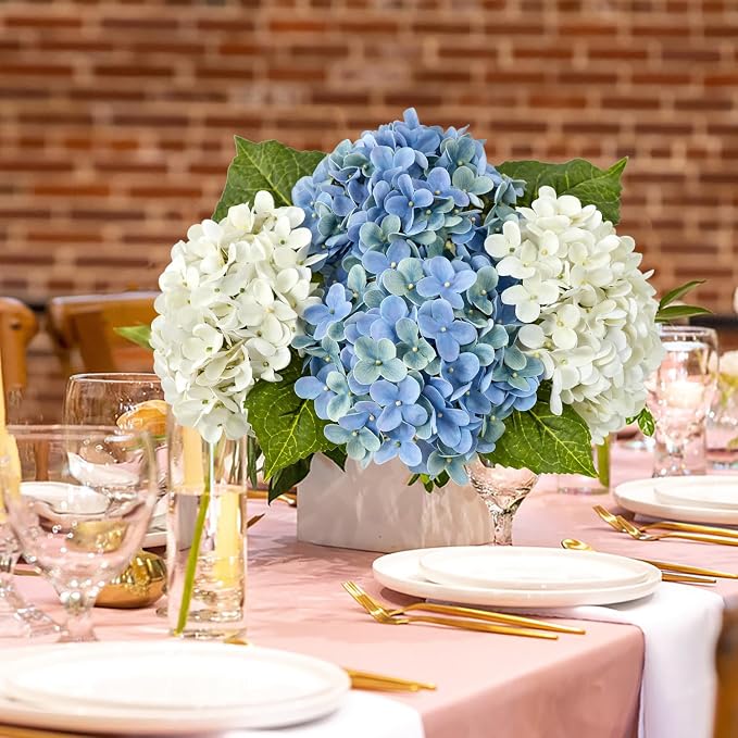 JINWOE 4Pcs Hydrangea Artificial Flowers, 20" Lifelike Latex Silk Real Touch Faux Hydrangea Flowers, Artificial Hydrangeas Bouquet for Wedding Centerpieces Tables Party Home (Blue)