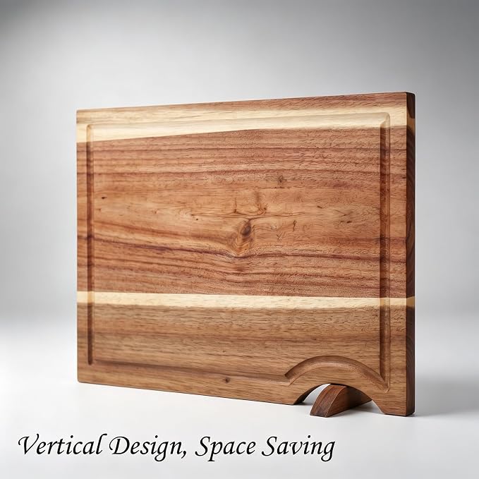 Acacia Wood Cutting Board for Kitchen with Bracket, 15"L x 10.23"W Premium Wooden Chopping Board with Deep Juice Groove for Meat, Cheese, Vegetables, Heavy Duty