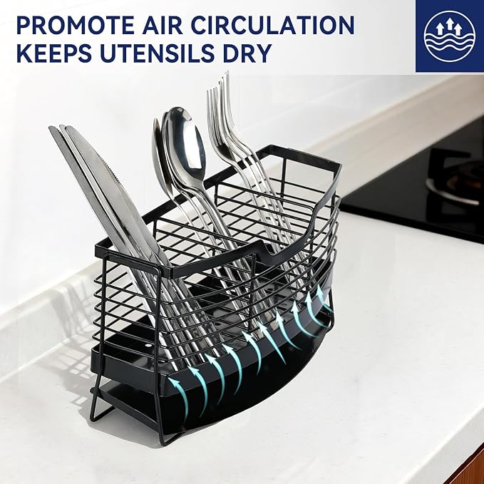 Utensil Holder, Stainless Steel Utensil Drying Rack with Automatic Drain Tray for Kitchen Counter, 3 Compartments Silverware Spoon Holder Cutlery Storage Organizer, Black