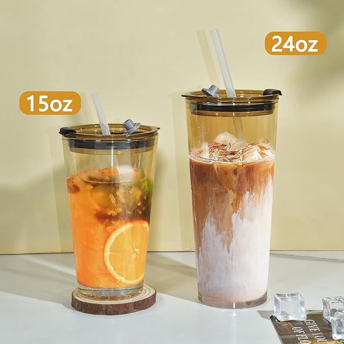 24oz Drinking Glasses Cups Set of 2 Leak Proof Iced Coffee Glass Tumbler with Lid Straw Glassware for Juice Coffee Smoothie Boba Tea(Gray & Amber)