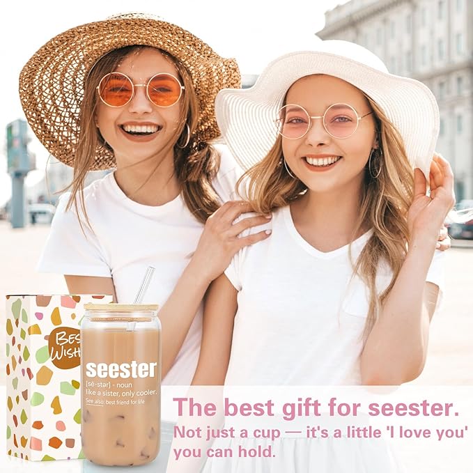 Sister Birthday Gifts - Sisters Gifts from Sister - Funny Best Friend Bestie Bff Sis Mothers Day Gift, Friendship Soul Sis Gift for Women, Present for Sisters - 16 Oz Seester Definition Glass Cup
