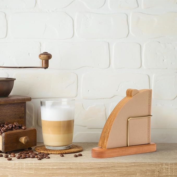 Cone Coffee Filter Holder, Stand Coffee Filter Storage, Coffee Filter Container for V60 Paper Coffee Filters Size #01 and #02, Cherry Wood & Brass
