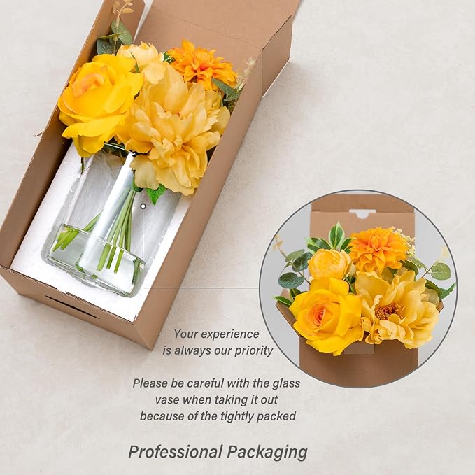 WELL KNOWN Artificial Flowers in Glass Vase with Fake Water, Silk Peony Rose Flower Bouquet for Home Dining Table, Office, Hotel, Wedding, Birthday Party, Lavatory Decor & Mom's Gift (Yellow & Orange)