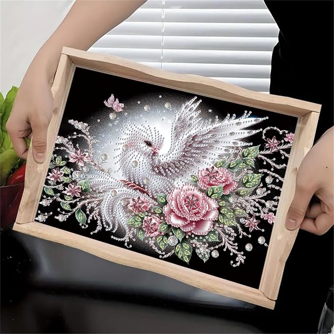 DIY Diamond Serving Tray with Handle Handmade Diamond Art Painting Wooden Rectangular Breakfast Tray for Dinner Plate Coffee Room Living Home Organizer-Bird