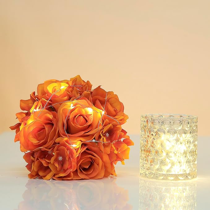 Rose Silk Flower Arrangement Artificial Vivid Rose in Glass Vase with LED Light Elegant Centerpiece for Home Wedding Bathroom Table Shelf Decoration (Orange)