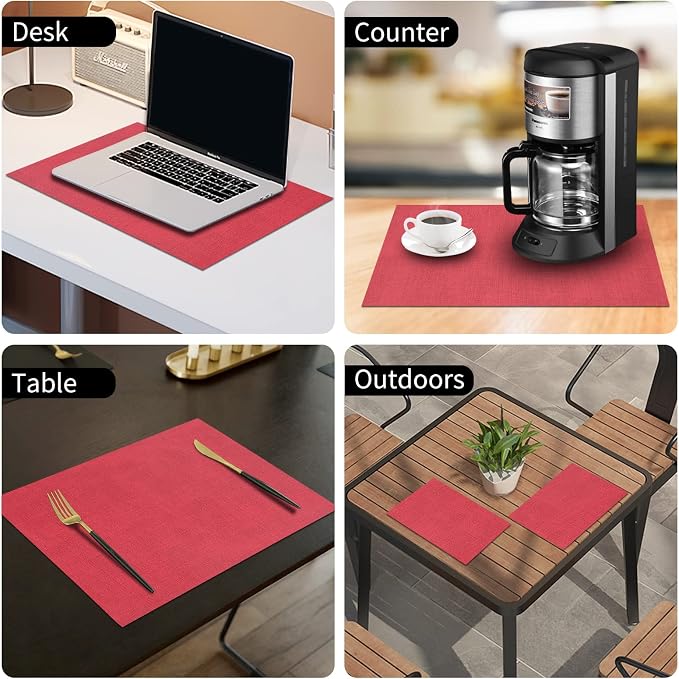 homing Faux Leather Heat Resistant Placemats 8 Packs, Waterproof Wipeable Dining PU Place Mats for Indoor & Outdoor, Easy to Clean, Red