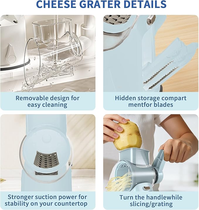 Rotary Cheese Grater with Handle - Compact Multi-Function Vegetable Shredder with 5 Sharp Blades & Strong Suction Base, Easy to Use Round Mandoline Slicer for Kitchen, Cooking, Camping & Travel