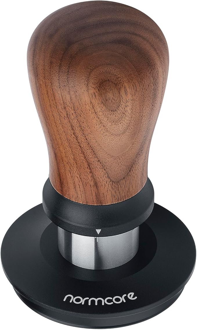Normcore 58mm Coffee Tamper V5, Spring-loaded Espresso Tamper with 6 Adjustable Pressure Settings, Tri-Spring Technology, Titanium-Coated Flat Base, Walnut Handle and Silcone Stand, Black