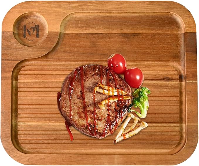 Acacia Wood Steak Plates,Carnivore Cutting Board for Eating, Carved Meat Wooden Plate, Food Serving Tray,Cheese Charcuterie Board with Deep Grooves & Hidden Handles