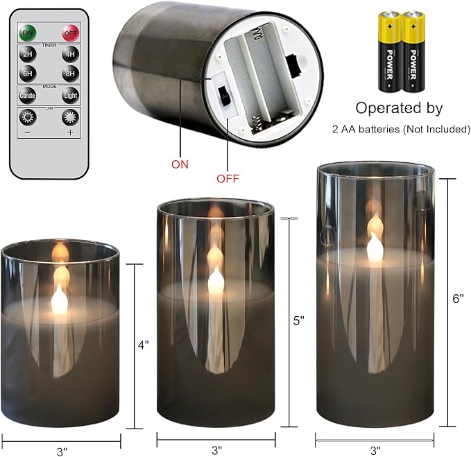 GenSwin Gray Glass Battery Operated Flameless Led Candles with 10-Key Remote and Timer, Real Wax Candles Warm White Flickering Light for Home Decoration(Set of 3)