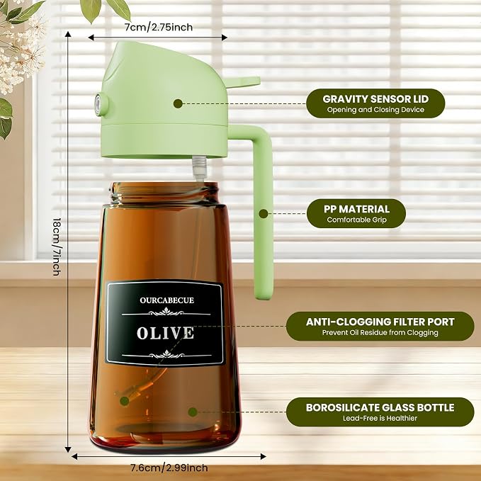 OURCABECUE 2 in 1 Olive Oil Sprayer for Cooking, 16oz Olive Oil Dispenser Bottle for Kitchen, Light-Blocking Dark Glass Oil Bottle, Food-Grade Oil Mister with 8 Oil Stickers (Brown Bottle-Green Cap)