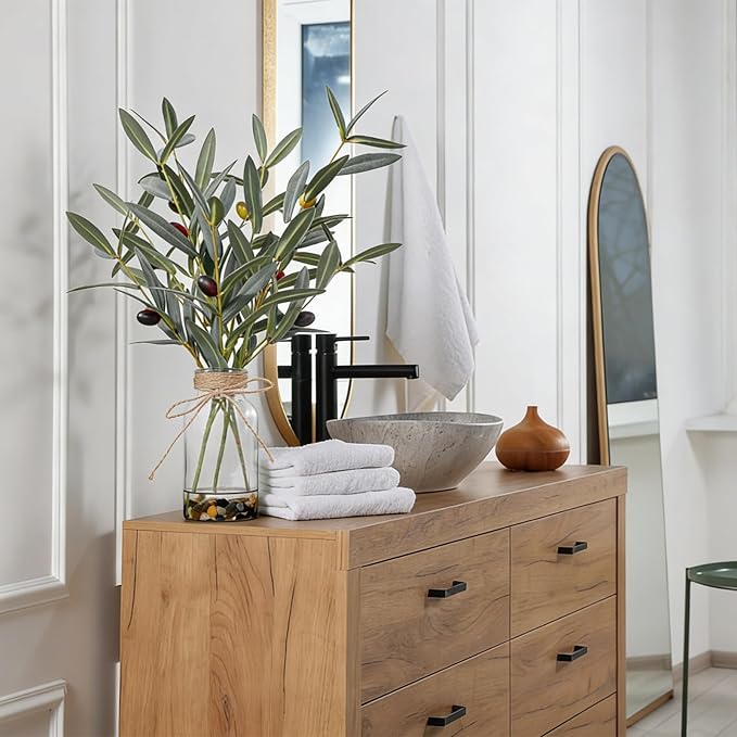 15.74” Artificial Olive Branches in Glass Vase with Faux Water & Natural Stones, Lifelike Fake Greenery for Modern Farmhouse Home Decor, Bathroom decor, Office Desk Centerpiece, Housewarming Gift