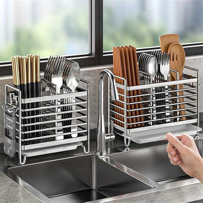 Stainless Steel Wall Mounted Utensil Holder and Countertop Drying Rack with Drain Tray for Kitchen Forks Spoons Chopsticks Silver 3 Compartments(2 Compartments)