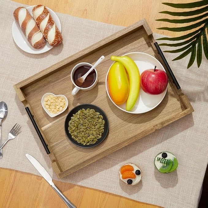 Natural Acacia Wood Ottoman Serving Tray with Metal Handles, 17"×12" Rustic Decorative Wooden Tray for Coffee Table, Breakfast in Bed, Dinner Food, Bar Liquor & Home Storage