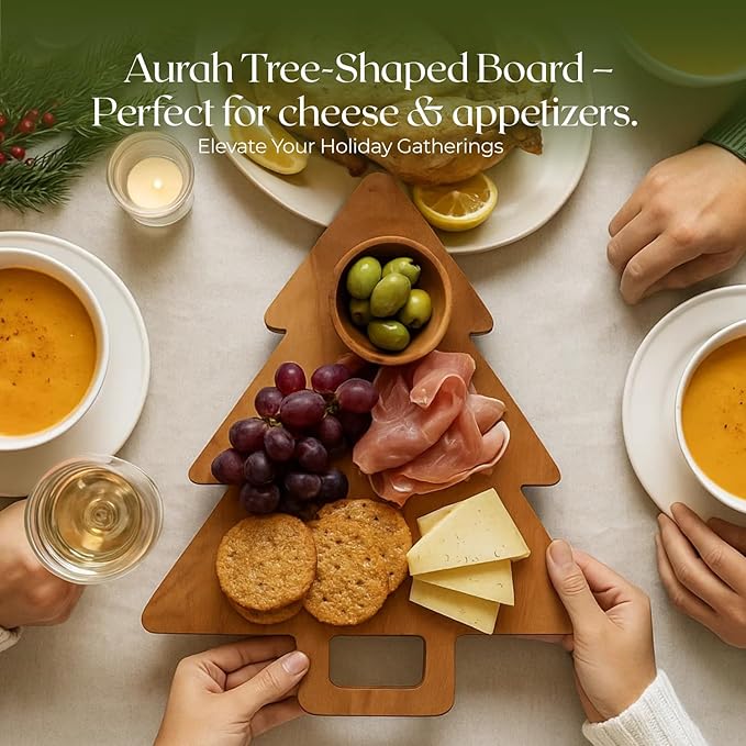 Aurah Acacia Wood Christmas Tree Cutting Board 14x11 Inch - Chopping Board with Handle, Xmas Cheese Appetizer Tray, Wooden Decorative Serving Platter for Kitchen & Holiday Party