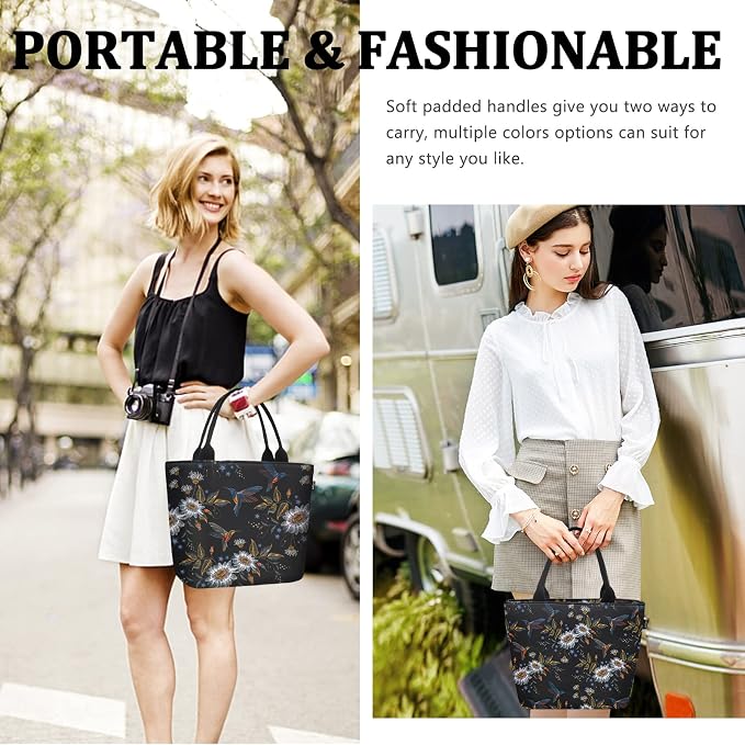 Gloppie Lunch Bag for Women Insulated Lunch Tote Leakproof Cooler Bag Teacher Appreciation Gifts for Work Hummingbird Daisy 9L