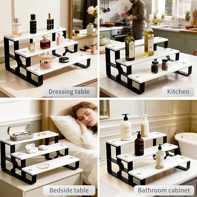 GRELY 3 Tier Perfume Organizer for Women, Makeup Display Stand Holder, Wooden Bathroom/Vanity Shelf, Lipstick & Skincare Storage, Valentine's Day Gift for Her (White, 14")