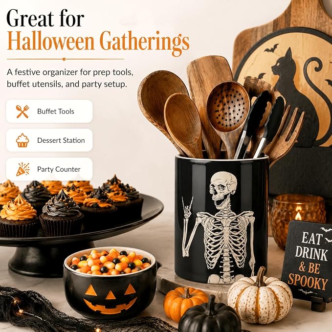 Halloween Kitchen Utensil Holder, Funny Skull Ceramic Utensil Holder , Cooking Utensil Crocks for Kitchen Countertop, Kitchen Decorations Rustic Farmhouse Decor
