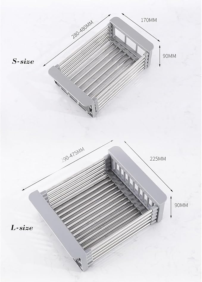 Extend Kitchen Sink Drain Basket,Stainless Steel Retractable Sink Rack,Over Sink Dish Rack,Portable Telescopic Kitchen Sinks Accessories,Extender Basket for Vegetables Fruits and Dishes(Black,Small)