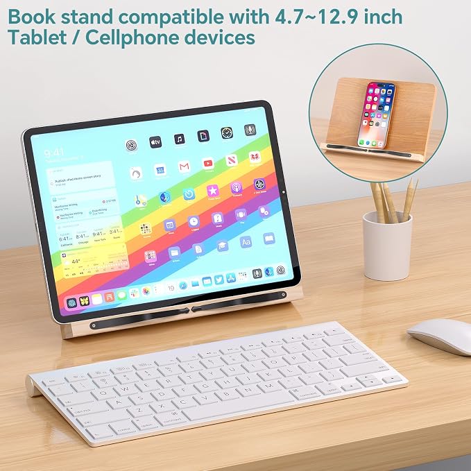 Book Stand,8 Adjustable Height Holder Tray with Elastic Page Paper Clips for Textbook/Cookbook/Music Scores/Tablet,Lightweight Reading Hands Free Desktop Document Book Mount,Bamboo Reading Holder