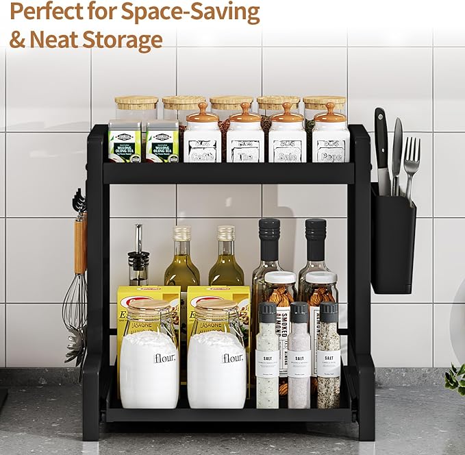 INGIORDAR 2 Tier Spice Rack Metal Standing Kitchen Seasoning Storage Shelf with Hanging Basket Pull Out Countertop Organizer for Counter, Cabinet, Pantry, Bathroom, Bedroom (Black)