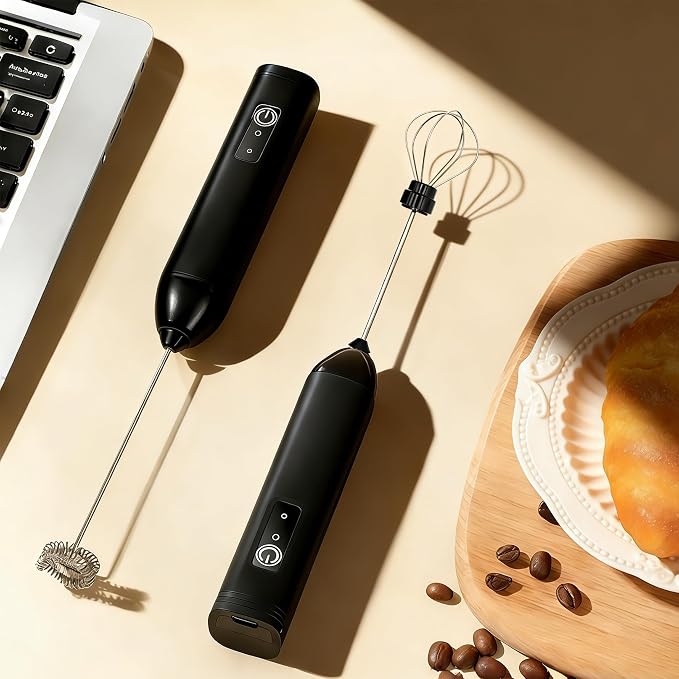Digead Rechargeable Milk Frother Handheld, 3 Speeds Electric Whisk with 2 Detachable Whisks, USB Coffee Frother Foam Maker for Coffee Latte Cappuccino Matcha, Black