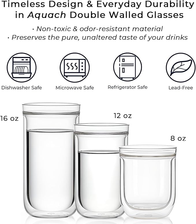 Aquach Double Wall Glass Cup 16oz 2pcs, Clear Insulated Coffee Drinking Glasses, Single Mouth/Double Body