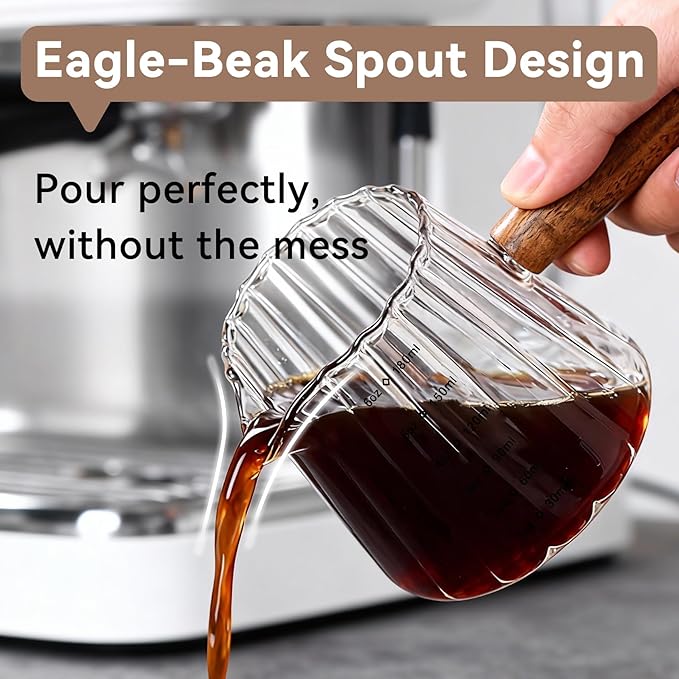 Glass Measuring Cup 6OZ, Espresso Accessories, Expresso Shots Cup, Espresso Shot Glass with V-Shaped Mouth, Ribbed Milk Frothing Pitcher, coffee Espresso Cup(Wooden Handle)