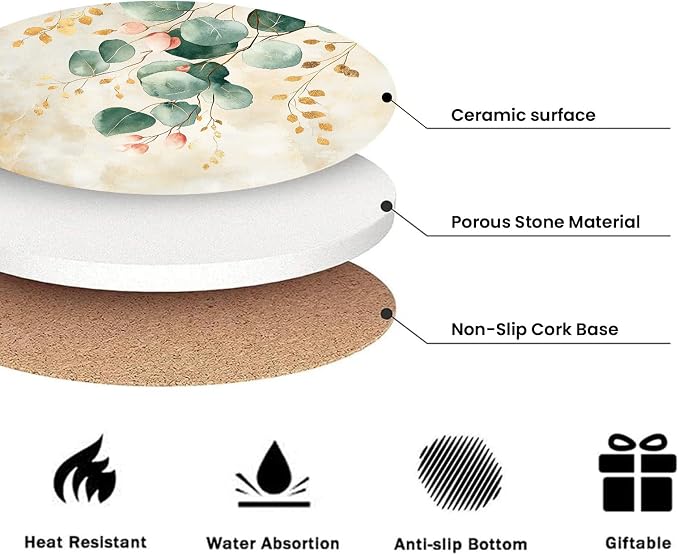 Eucalyptus Green Leaves Beige Marble Coasters Set of 6 for Drinks,Round Absorbent Ceramic Stone Coaster with Metal Holder,Herbs Plant Coasters with Cork Base for Coffee Kitchen Party Gifts